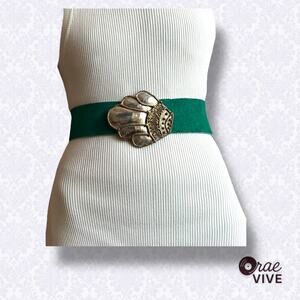 Vintage Boho Gold Shell Buckle Green Leather Statement Belt
